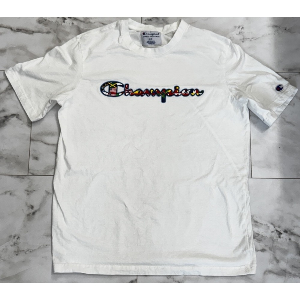 CHAMPION TSHIRT MEN CREW NECK WHITE DESIGN World FLAGs LOGO Large